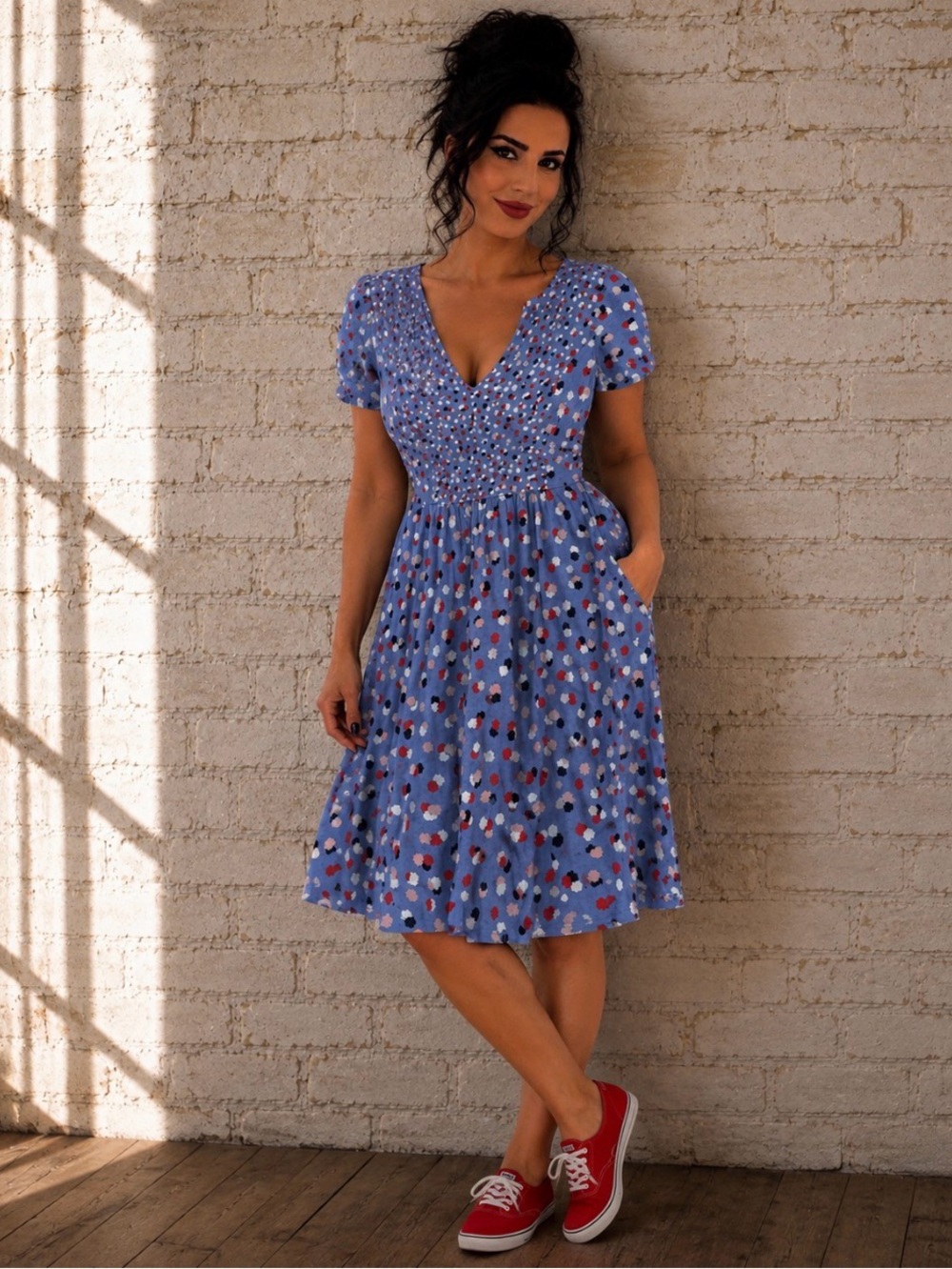 Romantic Preppy Boden Blue Floral Jersey Wrap Midi Dress Soft Stretch size US 8